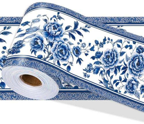 PRESSINART Blue Floral Wallpaper Border 196.9 x 3.9 Inch Chinoiserie Flower Styles, Wall Border Decals Peel and Stick Decorative Die Cut Trim Sticker Roll for Home Office Mirror Window Door Decoration
