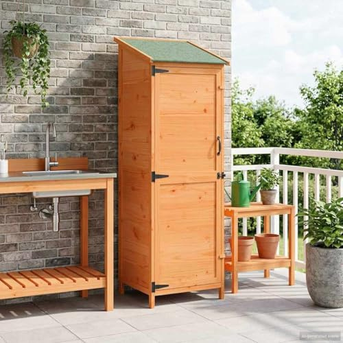 Abri de jardin rectangulaire en bois avec toit en asphalte imperméable, marron, 59,5 x 56 x 176,5 cm, beaucoup d'espace de rangement pour outils de jardin et accessoires