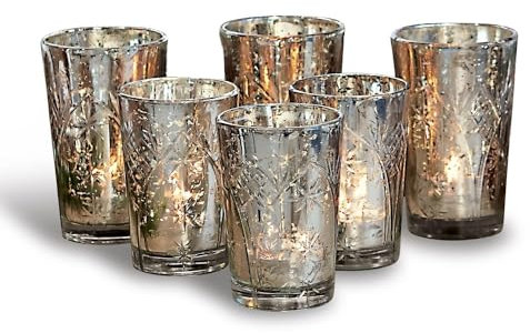 Loberon Windlicht Set Latona - Glas - Handgefertigt - Deko Weihnachten - Antiksilber - 6 Windlichter In 2 Größen