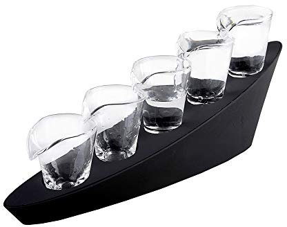 Monsterzeug 5er Set Domino Schnapsgläser, Shot-Gläser mit LED Beleuchtung und Treppenständer, Leuchtende Gläser als witziges Party Accessoire