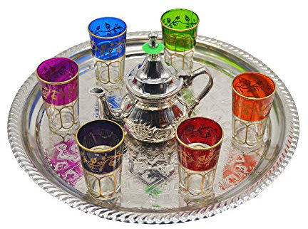 Horus Artesanía de Egipto Service à thé Marocain 6 Verres théière pour Deux Personnes et Un Plateau de 28 cm Environ