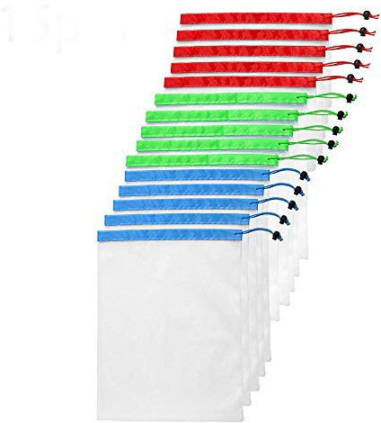 LDFV 15 PCS Reusable Mesh Produce Bags,Washable Eco Friendly Bags Fruit and Veg Bags for Grocery Shopping Storage Fruit Vegetable -3 Various Sizes(12x8In,12x13In,12x16In)