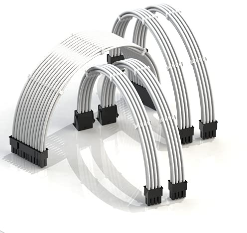 LINKUP - AVA 50cm PSU Cable Extension Sleeved Custom Mod GPU PC Braided w/Comb Kit | 1 x 24 P (20+4) | 2 x 8 P (4+4) CPU | 2 x 8 P (6+2) GPU set | 500mm - White