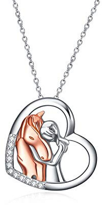 YFN Pferd Anhänger Halskette Schmuck 925 Sterling Silber Mädchen Umarmung Pferd Geschenk für Frauen Mädchen (Pferd mit Mädchen Halskette)