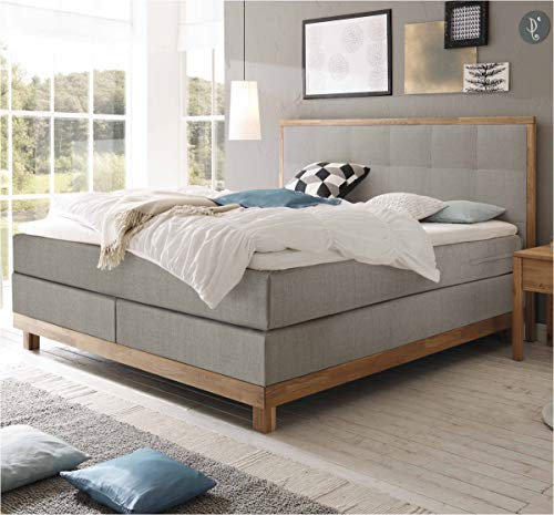 Hasena Boxspringbett Chalet Eiche Bianco|Stoff grau 180x200 Topper Superio (Liegekomfort: Soft)