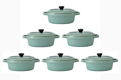 Lot de 6 Mini Cocottes Ovales Bleues Turquoise Céramique Double Poignées Avec Couvercle 14cm x 6,3cm Contenance Moule 150ml Ramequin Résistant Température Four Petits (Bleues Turquoises, Lot de 6)