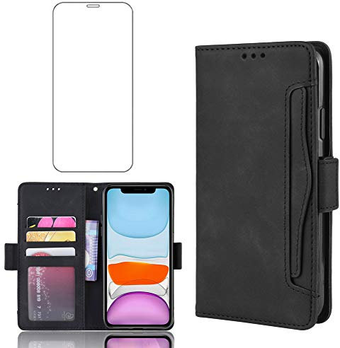 Asuwish Handyhülle für iPhone 12 Mini Hülle mit Glas Folie Schutzfolie Kartenfach Klappbar Leder Geldbörse Ständer i-Phone i 12mini Mini-hülle Handy Hüllen Schutzhülle Cover Phone Case Schwarz