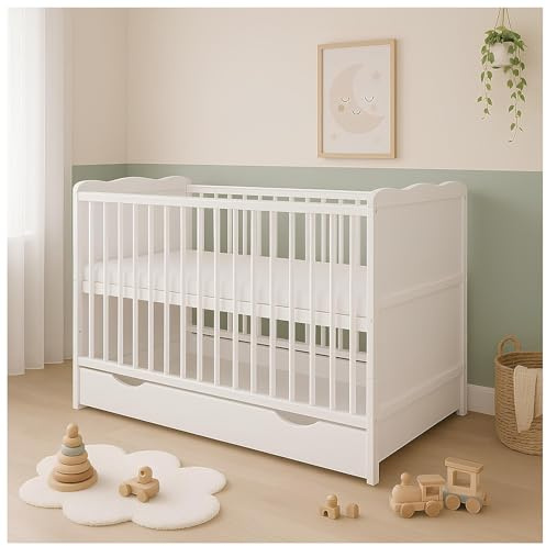 Baby Delux Babybett 70x140 weiß Kinderbett umbaubar zum Juniorbett Jack mit Schublade