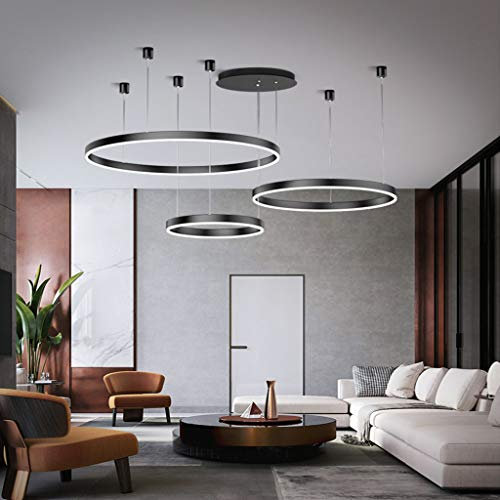 FUMIMID LED Pendellampe Wohnzimmerlampe Pendelleuchte Dimmbar Mit Fernbedienung Kronleuchter Moderne Esstischlampe Aluminium Runde Acryl Beleuchtung Deckenleuchte,Schwarz,3laps40+60+80cm