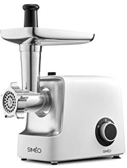 Siméo - Hachoir à Viande Compact RHM310 - 3 Grilles Inox (3, 4.5, 7 mm x ∅50 mm), Kits à Saucisses et Kebbés - Moteur 2 Vitesses, 2.5kg/mn - 13x24x31,5 cm, Blanc
