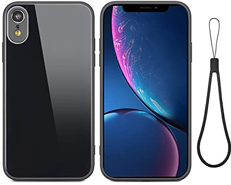 UEEBAI Case for iPhone XR, Ultra Slim Liquid Silicone Case Tempered Glass Back Cover Wrist Strap Soft TPU Bumper Cases Anti-Scratch Glossy Shockproof Protective Cover for iPhone XR - Black#2