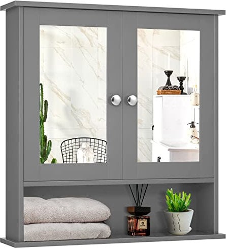 CASART Bathroom Mirror Cabinet, Wall Mounted Storage Cupboard with Double Doors and Adjustable Shelf, Wooden Display Organiser Unit for Kitchen Living Room (Grey)