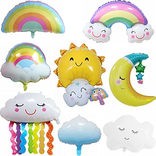 Kiwochy 8 PCS Regenbogen Geburtstag Ballons Geburtstag Wolke Luftballons Regenbogen Wolke Folien Ballon Regenbogen Wolkenförmige Lächelnde Luftballons für Mädchen Burtstag Regenbogen Themen Party Deko