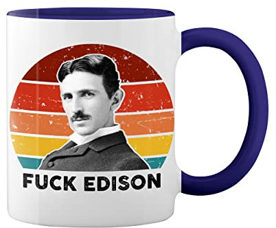 retro Fuck Edison Tesla Lover Weiße Tasse Mug mit blauem Felgen und Griff