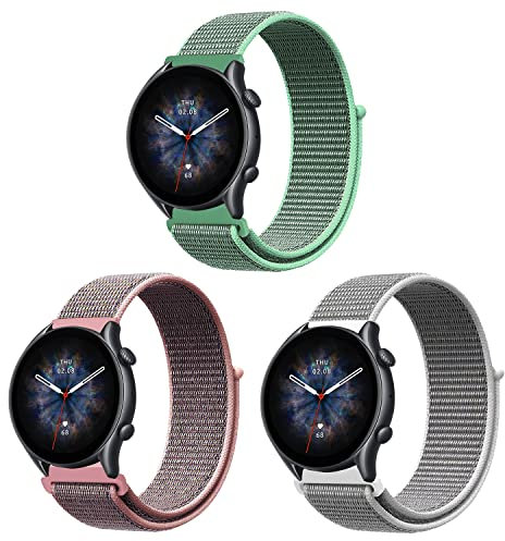 ZoRoll 3 Pack 22mm Correa para Amazfit Balance/Bip 6/Bip 5/GTR 4/GTR 3 Pro/3/2e/2, Pulsera de Nailon Correa para Garmin Venu 2/Xiaomi Watch S1 Active - Rosado+Blanco+Menta Verde