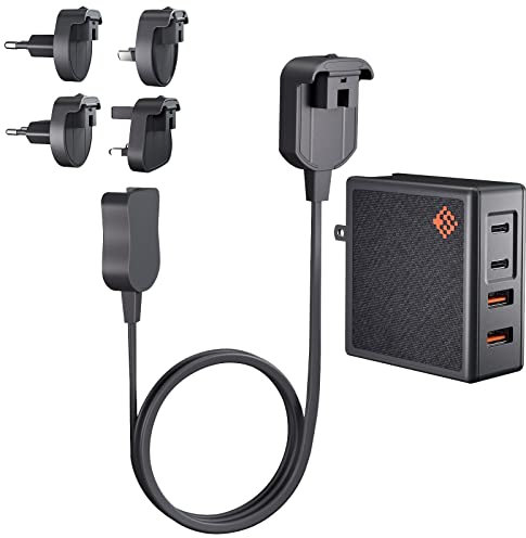 𝐒𝐥𝐢𝐦𝐐 GAN USB C Charger: 100W,96W,87W,85W,67W AC Adapter - 4 Port Fast Compact PD Wall Block - Travel Adapter for MacBook,Surface,Lenovo(+International Adapters + Extension Cord)