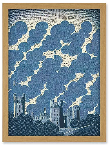 Wee Blue Coo Windsor Castle with Cloudy Sky Lithograph Illustration in Blue Artwork Framed Wall Art Print A4
