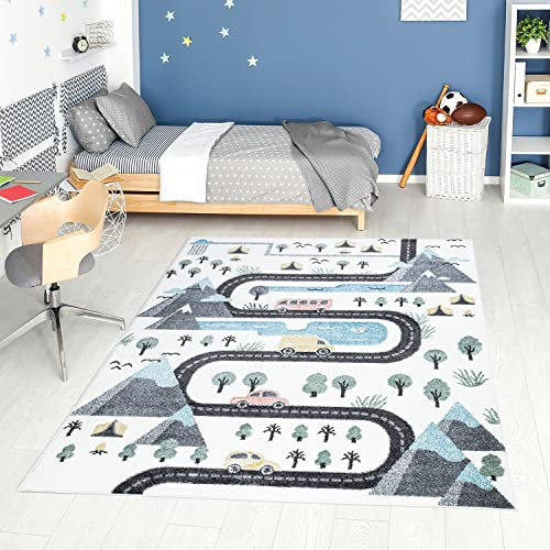 carpet city Teppich Kinderzimmer Straße, Auto - Creme, Multi - 120x160 cm - Kinderteppich Kurzflor mit Straßen-Motiven - Weicher Flor - Spielteppich