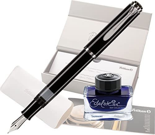 Pelikan Füllhalter Classic 205, Schwarz, Feder M (mittel), hochwertiger Kolbenfüller im Geschenk-Etui mit Edelstein Ink Sapphire (blau)