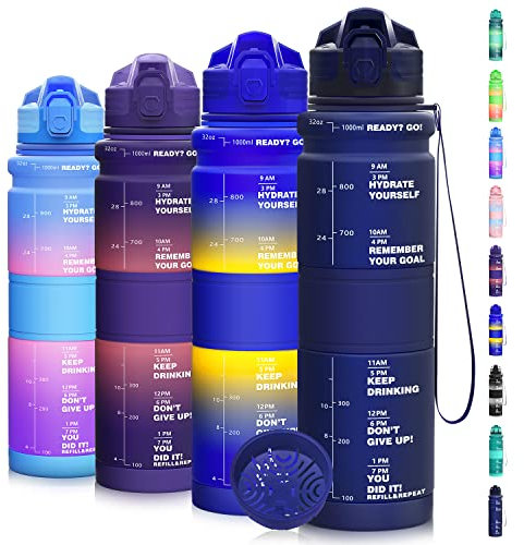 Coolfel Gourde 500ml/1l, Bouteille d'eau Motivation avec Marquage de Temps sans BPA Plastique, Étanches Reutilisable Gourde Sport avec Filtre pour Enfant, Course, Running, L'école, Randonnée