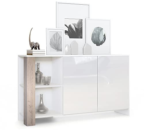 Vladon Sideboard Canto, Made in Germany, Lange Anrichte mit 2 Türen und 6 Fächern, Korpus Weiß matt, Fronten Weiß Hochglanz, Dekor-Paneele Eiche Nordic (143 x 81 x 36 cm)