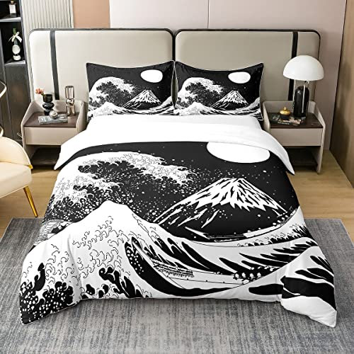 100% Bio Baumwolle Fuji Berg Bettbezug für Jungen Mädchen,Japanische Kunst Bettwäsche Set 155x220,Ozeanwellen Marine Tröster Abdeckung,Japan Ukiyo-E Bett Sets mit1 Kissenbezug Schlafzimmer Dekor