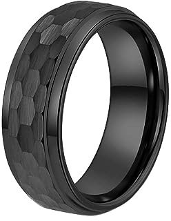 OAKKY 8mm Wolframstahl Trauringe für Männer Gehämmerter Kuppelring Polierte Stufenkante Schwarz Größe 70 (22.3)