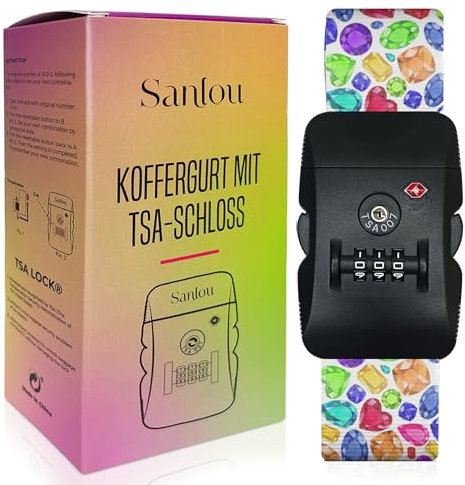 SANLOU - Premium Koffergurt mit Zahlenschloss - TSA Schloss, Verstellbar, Auffällige Designs - Kofferband Gurt Auffällig - Kofferbänder - Kofferband mit Schloss (Bunt)