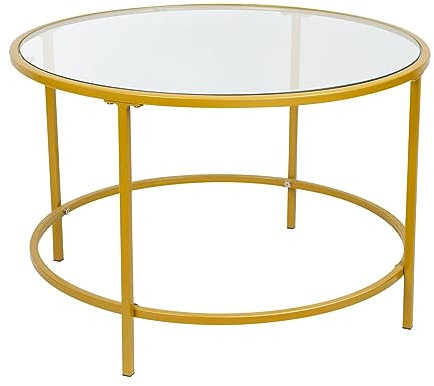 Cannoli Couchtisch, Wohnzimmermöbel aus Glas, Rahmen aus Stahl, runder Couchtisch, goldfarben-Glastisch fürs Wohnzimmer/Balkon-φ70*45,5cm – Gold