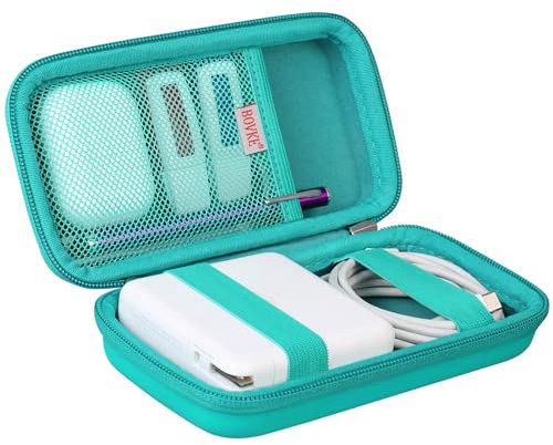 BOVKE PU Hard Travel Case for MacBook Air Pro Power Adapter Apple MagSafe 2 USB-C Charger - Extra Room for USB C Hub, Type C Hub, USB C Hub Multiport Adapter, Magic Mouse, Charging Cable, Turquoise