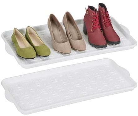 Relaxdays Schuhabtropfschale 2er Set, Kunststoff, Schuhablage 3 Paar Schuhe, Schuhabsteller, HBT 3,5 x 74 x 36 cm, weiß