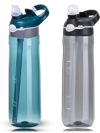 DEARART 2-Pack 24oz Dark Cyan & Black Water Bottles With Straw, Leakproof BPA FREE Hidden Nozzle, Flip Up Lid Has Handle Wide Bottle Easy Clear, Suit Office Outdoor Sports Travel Gym.