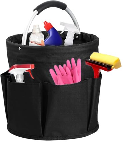 Lotvic Cleaning Caddy Organiser, Cleaning Caddy with Handle, Foldable Cleaning Bag, Large Capacity Cleaning Products Organiser, Cleaning Storage Bag for Indoor and Outdoor, 11x11in (Black)