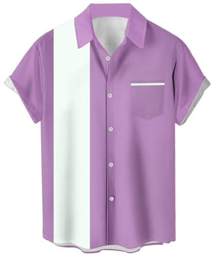 Men's Vintage Bowling Shirts 1950s Casual Short Sleeve Button Up Contrast Shirt Summer Color Block Cuban Shirts, Lavender and White, Large