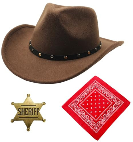 Raveparty Herren Braun Cowboyhut Westernhut Set mit Polizeiabzeichen Schals für Musikshow Karneval Halloween Weihnachten, M