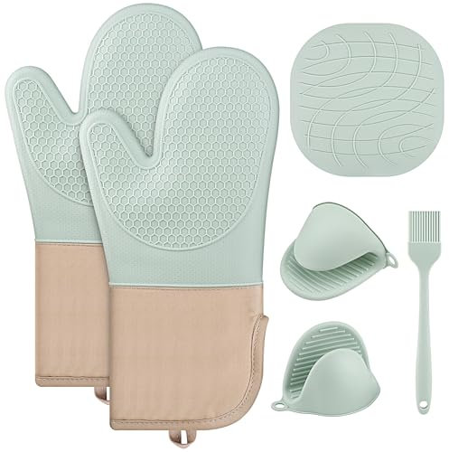 Hisdricus Ensemble de 6 Gants de Four, Gants et Maniques en Silicone, Maniques Cuisine Résistants à la Chaleur, Antidérapants, Gants de Cuisine pour la Cuisson, la Pâtisserie, Le Grillage (Vert)