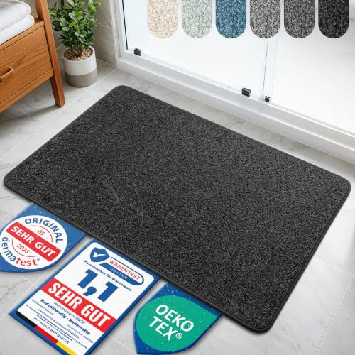 Bodenständig® Badematte rutschfest waschbar - Badvorleger Schwarz | Kurzfasern 2.0 - schnelltrocknend & pflegeleicht - Duschvorleger 50x80cm - dermatologisch getestet & hautfreundlich