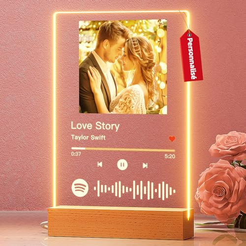 witfox Spotify Glas Personalisiert - Spotify Song Cover mit Foto & Spotify Code & LED,Personalisierte Geschenke zum Geburtstag Freundin Freund Valentinstag -15x22cm