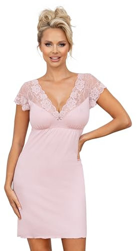 Selente Sweet Dreams - Elegante Camicia da Notte Corta/Négligé da Donna con Maniche Corte in Pizzo Rosa, Taglia 48