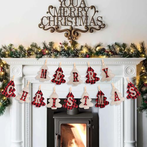 DERAYEE Merry Christmas Banners - Burlap Hessian Bunting Hanging Decorations for Christmas Party, Wall, Tree & Fireplace