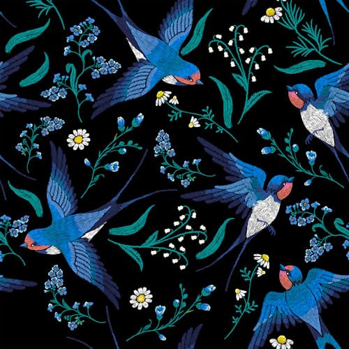 VaryFloral Bird Floral Wallpaper Blue Swallow Botanical Flower Black Wallpaper Peel and Stick Removable Vintage Forest Wildflowers Wall Paper for Living Room 12x118 Dark Floral Contact Paper