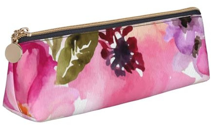 KemEng Aquarell Blumen Rosa Fuchsie, Bleistifttasche, dreieckiges Stiftetui, tragbare Bleistifttasche aus Leder mit Reißverschluss, Kosmetiktasche