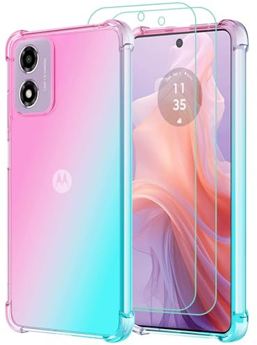 Osophter for Motorola Moto E14 Case: Moto G04/G24 Case with 2pcs Screen Protector two color gradient reinforced corner TPU shock absorption flexible Cell Phone Cover for Moto E14/G04/G24(Pink Teal)