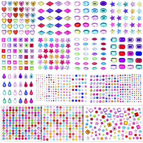 HOVIBU Selbstklebende Glitzersteine: 14 Blätter Bunte Strasssteine Gesicht für Kinder-Handwerke, Fotorahmen & Grußkarten (3-15mm)
