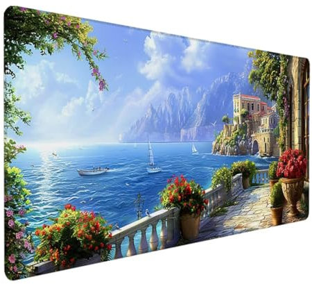 BEIJUYHU Schreibtischunterlage, Mauspad, Büro-Schreibtischmatte, Rutschfester PU-Leder-schreibtischmatte, wasserdichter schreibunterlage für Büro und Zuhause 700x300x3 mm Meerblick antike Stadt M - O