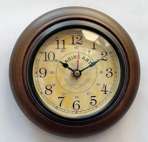 Nishpax Handmade Wooden Wall Clock Vintage Look Marin Art Style Deep Glass Home & Office, Studio Decoration Gift (6 Inch Antique)