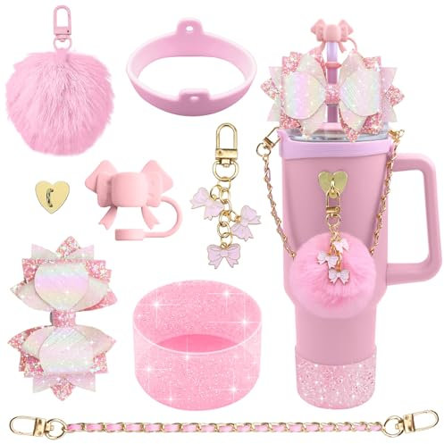 8 Packs of Accessories Set for Stanley Cup, Includes Water Bottle Handle Strap Silicone Straw Cover Cap Stanley Cup Boot, Shiny Cup Decor for Stanley Cup 40oz & 30oz Tumbler Stanley Charms (Pink)
