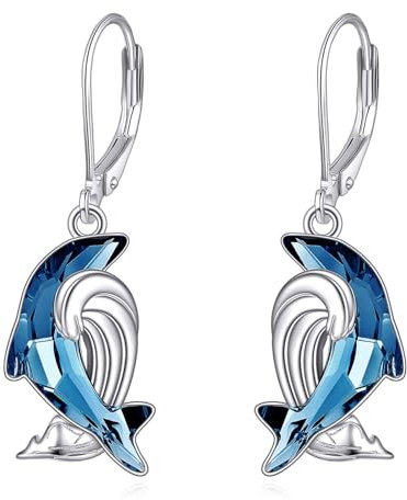 Delfin Hänge Ohrringe S925 Sterling Silber Kristall Delfin Leverback Tropfen Ohrringe Ozean Schmuck Geschenke für Frauen Damen Liebhaberinnen.