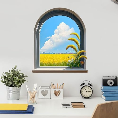 SUPERDANT 3D Wandtattoo Für Gewölbte Fenster 3D Wandsticker Reisfeldern Landschaft Fenster Wandaufkleber Wanddekoration Vinyl Wandsticker Für Zuhause Wandaufkleber Selbstklebende Schlafzimmer