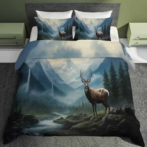 Luxfieo Hirsch Deko - Hirsch Bettwäsche 140x200 Winter, Wilde Waldtiere REH Bettbezug 2er Set mit 1 Kissenbezug 70x90, Weiche Mikrofaser Winterbettwäsche mit Reißverschluss R&*63